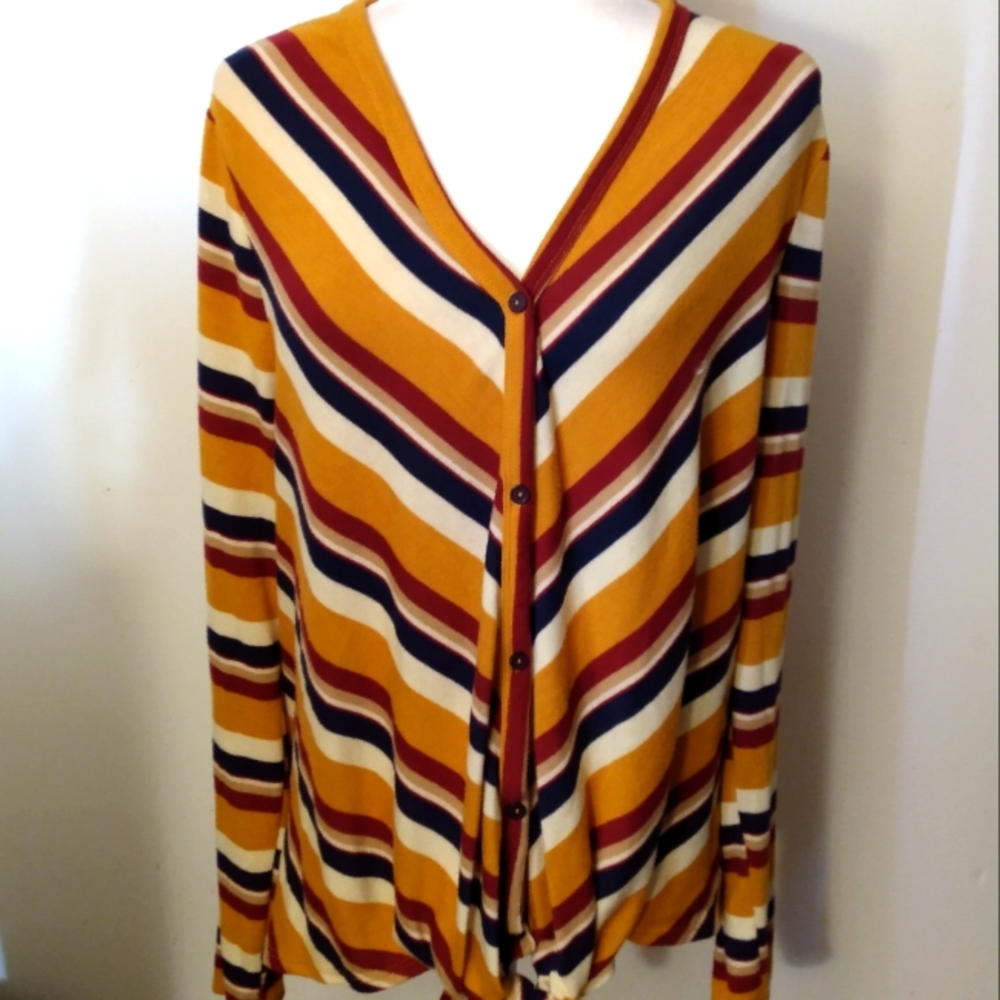ANDREE BY UNIT Striped V-Neck Button Cardigan in Mustard, Navy, Cream, Burgundy